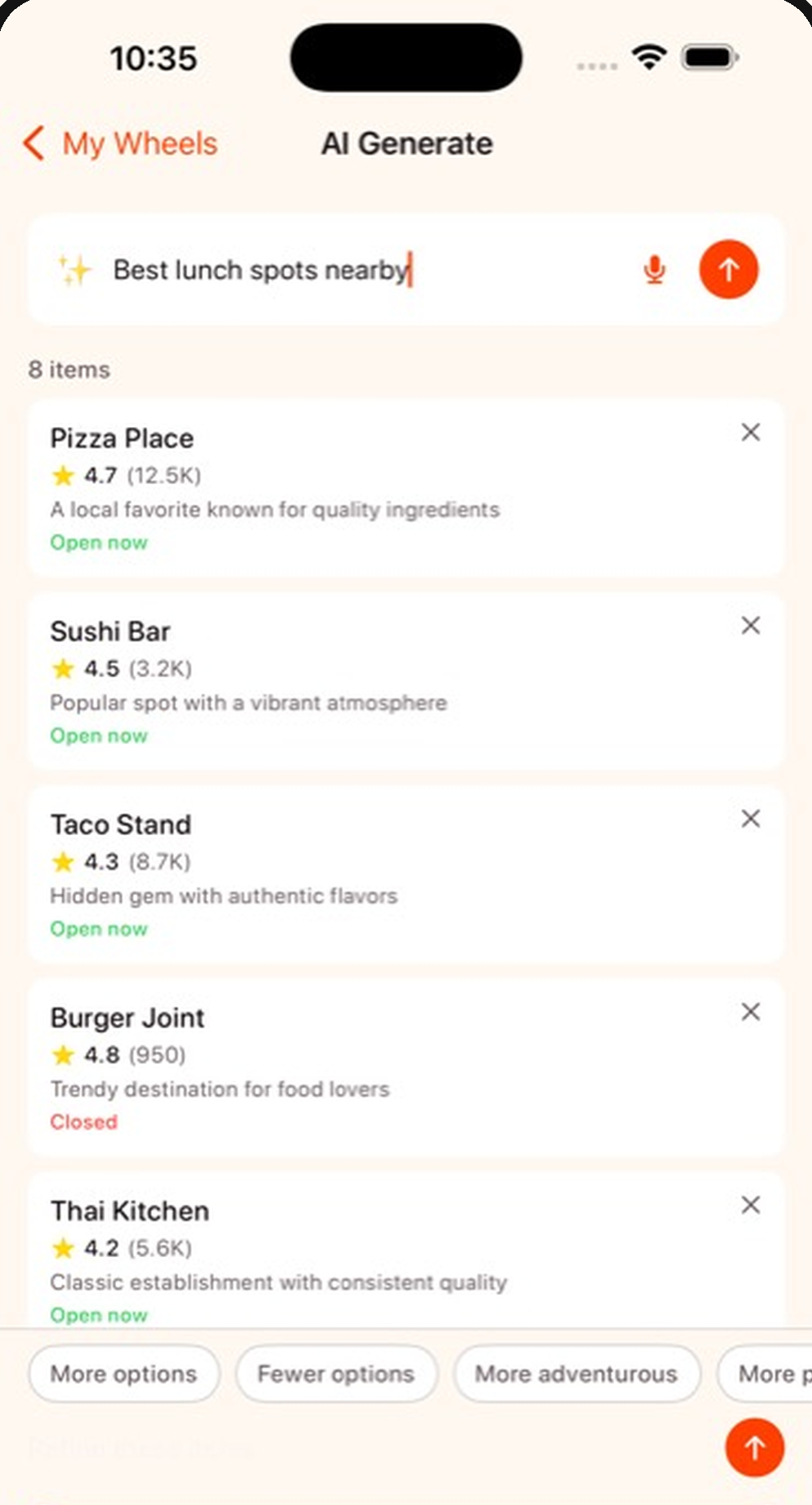 Spin It AI Generate screen. A prompt 'Best lunch spots nearby' returns Pizza Place, Sushi Bar, Taco Stand, Burger Joint, and Thai Kitchen with ratings and short descriptions.