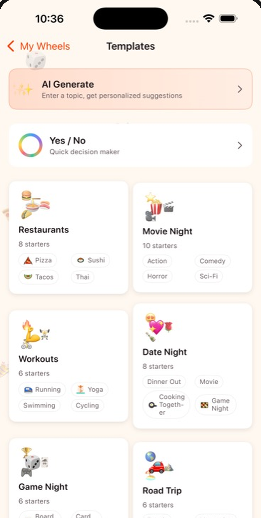 Spin It Templates screen with AI Generate and Yes / No shortcuts on top, and ready-made wheels for Restaurants, Movie Night, Workouts, Date Night, Game Night, and Road Trip.