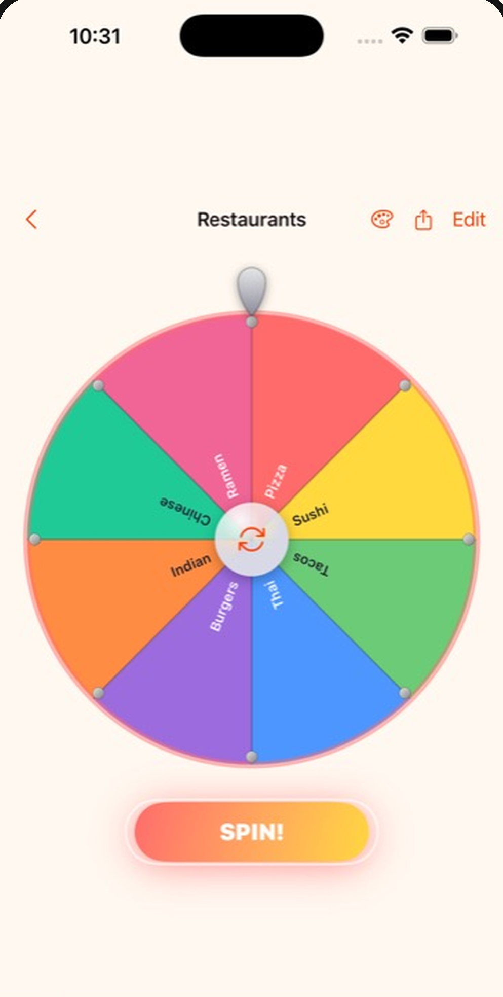 Spin It Restaurants wheel with eight colorful slices - Pizza, Sushi, Tacos, Thai, Burgers, Indian, Chinese, Ramen - and a SPIN button ready to go.